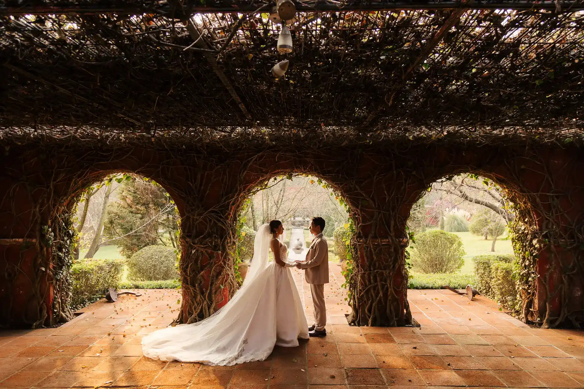 Novios tomados de las manos bajo arcos con enredaderas en hacienda mexicana, fotografía de bodas Salicatus